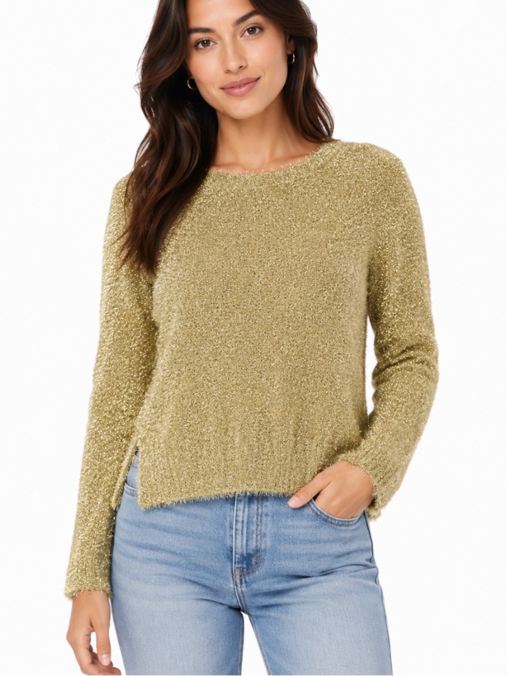 NO BOUNDARIES Gold Metallic Fuzzy Eyelash Crewneck Sweater S NWOT
